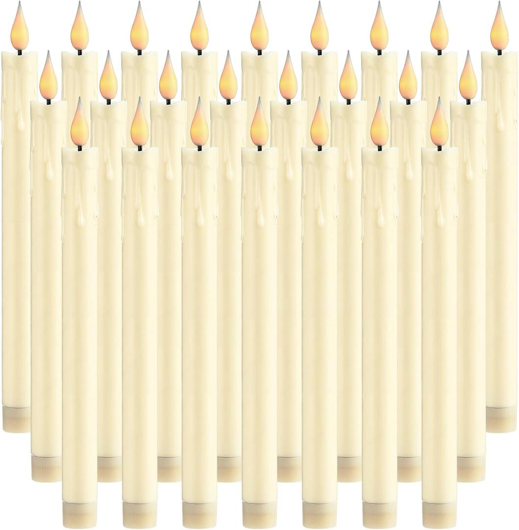 Baquler 24 Pcs 10 Inch Ivory Flameless Taper Candles LED Candle Sticks Battery Operated Flickering LED Candlestick Window Plastic Candle for Wedding Halloween Christmas Decor(No Battery)