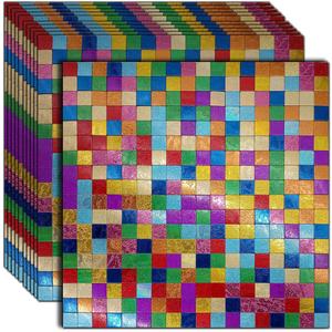 XUANINY 11-Sheet Peel and Stick Backsplash Tiles, Rainbow Square Aluminum Surface Metal Mosaic Sticker, Rainbow-Colored Wall Sticker for Living Room, RVBar(11, 15 Rainbow Colored)