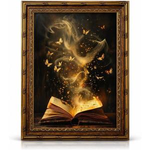 Vintage Gold Framed Moody Victorian Bookish Wall Art Butterfly Hovering Over the Book Wall Decor Dark Academia Fantasy Painting Poster for Bedroom 16x24 In