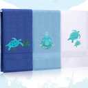3 Pcs Sea Turtle Hand Towels for Bathroom Sea Turtle Bathroom Decor Gifts 100% Cotton Embroidered Coastal Beach Hand Towels 27.6 x 15.7 Inch Soft Absorbent (Light Blue, Blue, White)