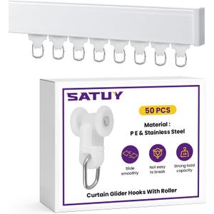 50 Pcs Curtain Glider Track Rail Runners, Heavy Duty Mute Wheel Curtain Glider Hooks with Dual Rollers for Universal Ceiling Drapes Room Dividers Shower Curtains Window Treatments