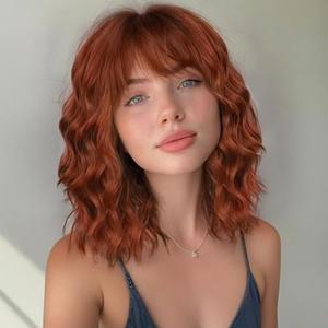 MINLEE Auburn Wig with Bangs for Women 14 Inch Short Bob Wavy Curly Wig Auburn Hair Wigs Natural Looking Heat Resistant Synthetic Wigs