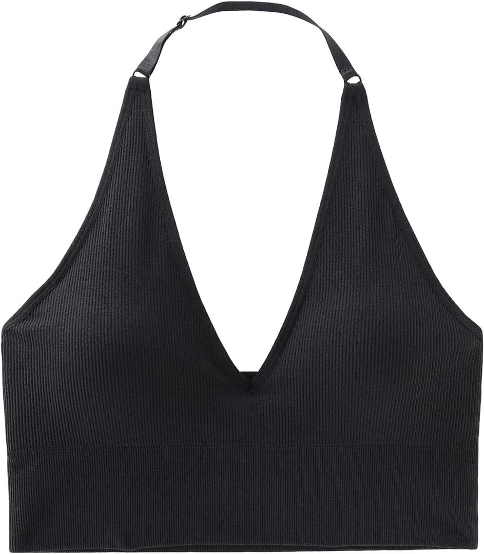 INIBUD Halter Bra for Women Longline Sports Bra Wireless Seamless Padded Backless Bralette with Adjustable Strap(L) Black