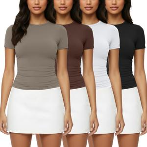 4 Pack Basic Tees T Shirts for Women Workout Gym Compression Fitted Short Sleeve Plain T Shirts Crop Tops Y2K, Small