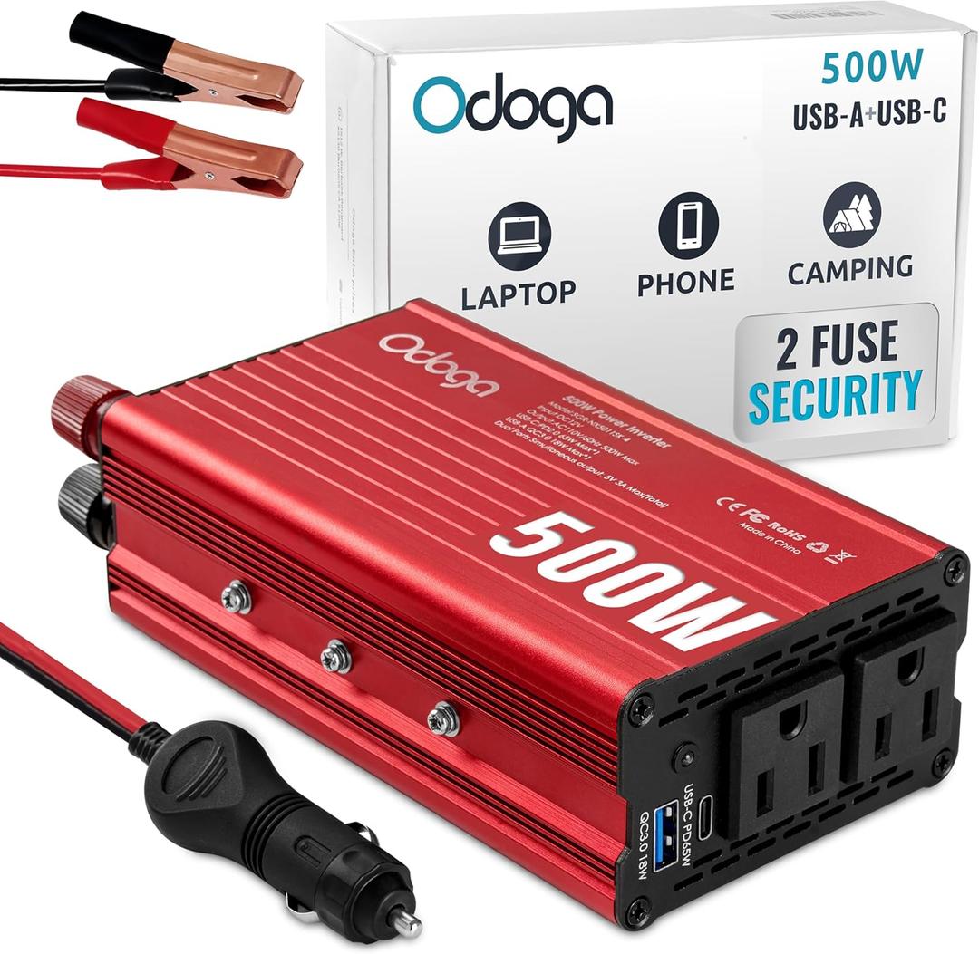 500W Car Power Inverter 12v to 110v  Car Adapter for Plug Outlet, DC to AC Converter, USB/USB-C Fast Charger for Laptop, Phone, Dual AC  for Vehicle, Pickup Truck, Roadtrip, Camping by Odoga