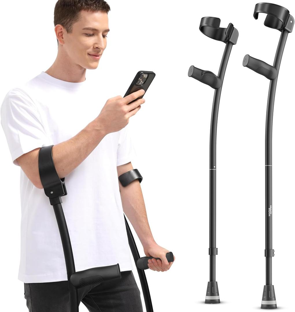 HEALTHBAZAAR Ergonomic Forearm Crutches, Foldable and Height Adjustable Elbow Crutches with Magnetic Handles for Wall Support, Anti-Slip Base, Walking Aid for Adults