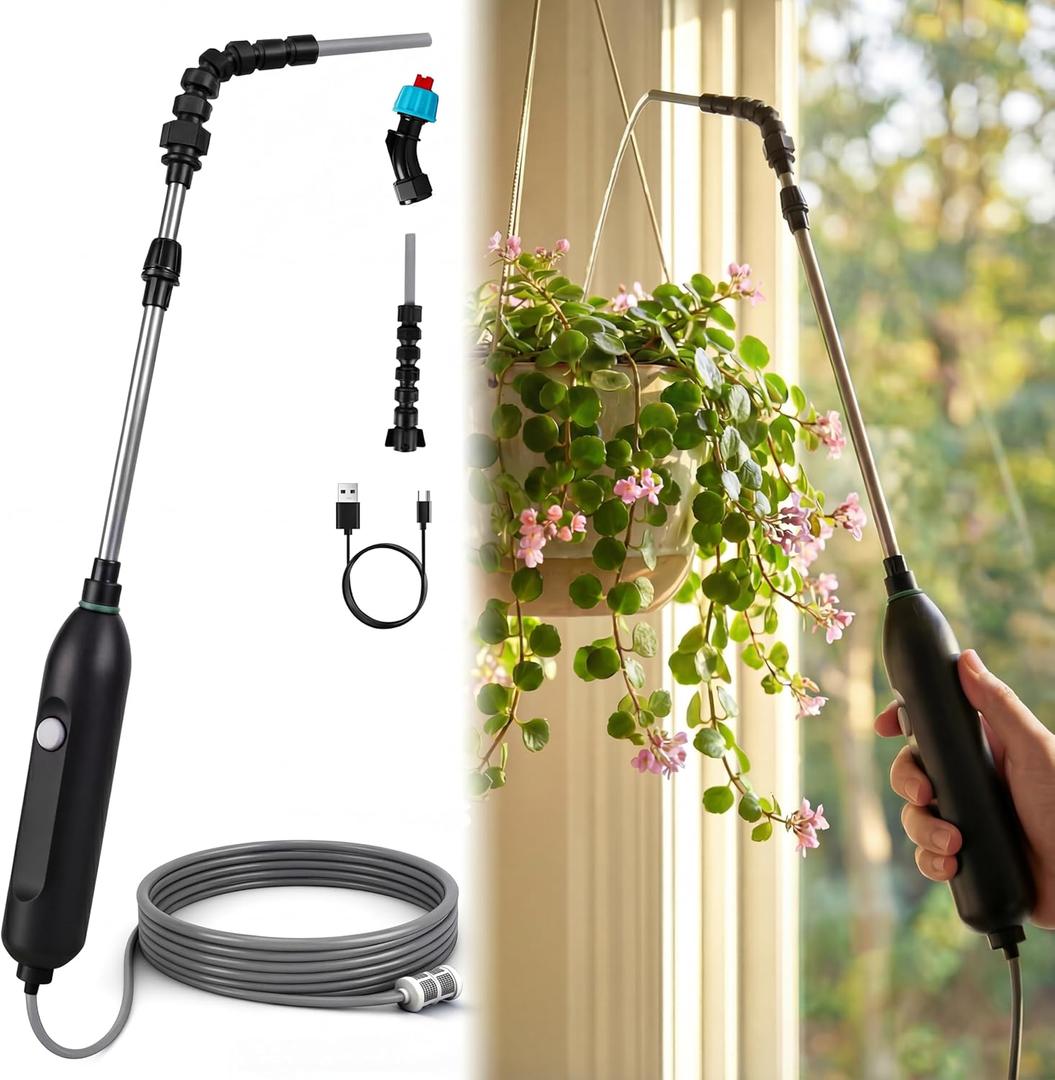 High Reach Electric Water Sprayer Wand for Hanging Plants, Telescoping Indoor Plant Waterer with Pump, 180 Adjustable Watering Nozzle, Fan Spray Head, High Flow Leak-Proof Design