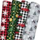 GIOLNIAY Christmas Wrapping Paper for Men Women Kids - Holiday Gift Wrap Red & Black Plaid with Truck, Black & White Plaid with Snowflake Xmas Design - 6 Jumbo Sheets, 28″×40″ Each, Easy to Store