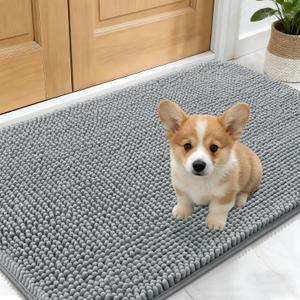 OLANLY Dog Door Mat for Muddy Paws 30x17, Absorbs Moisture and Dirt, Absorbent Non-Slip Washable Doormat, Quick Dry Chenille Mud Mat for Dogs, Entry Indoor Entryway Carpet for Inside Floor, Grey