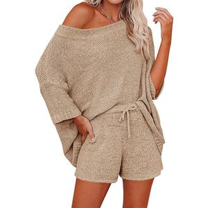 Ermonn Womens 2 Piece Outfits Sweater Sets Off Shoulder Knit Tops Waist Short Suits Casual Pajama Set XL