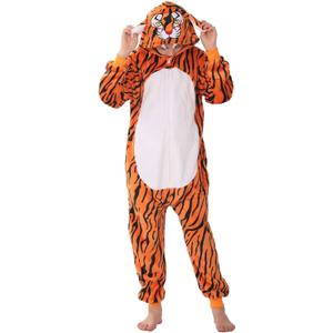 Animal Onesie Costumes for Kids Adults Cosplay Halloween for Boys Girls Womens Warm Plush One Piece Tiger (Orange)