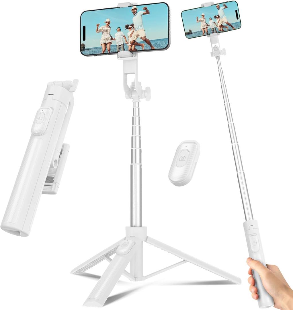 Selfie Stick Travel Tripod for Cell Phone with Remote Control and Phone Holder, Extendable Selfie Stick for iPhone, iPhone Tripod for Video Recording, 50 Inch, White