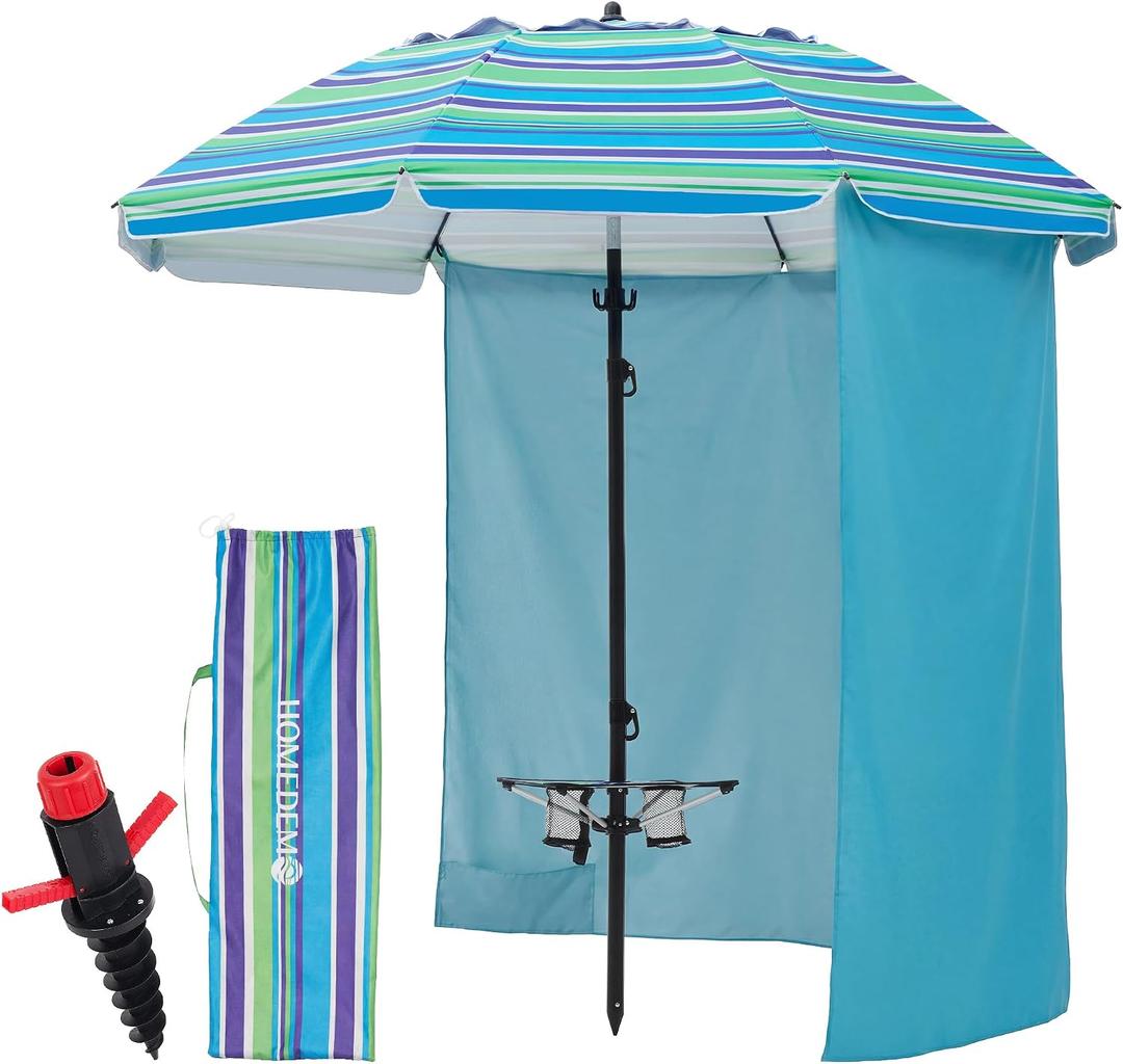 HOMEDEMO 7FT Beach Umbrella with Table & Anchor, Heavy Duty Windproof with UPF 50+ Sun Protection, Outdoor Umbrellas with Adjustable Aluminum Pole
