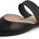 FEVERSOLE Women's Pointed Toe Fashion Mules Low Heel Flats Casual Summer Slide (8.5, Black Vegan Leather Raffia Strap)