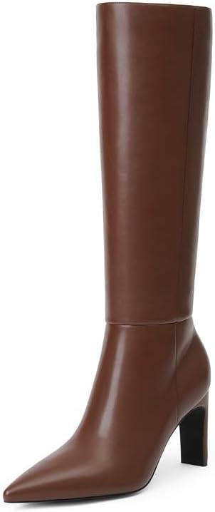 Modatope Knee High Boots for Women Pointed Toe Chunky Heel Tall Boots Side Zipper Fall Long Boots (Brown)
