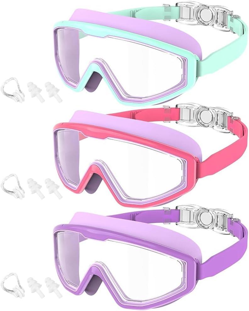 Kids Goggles Age 4-16, Anti-Fog UV 180Clear View Kids Swim Goggles, 3 Pack Swimming Goggles Waterproof Pool Goggles