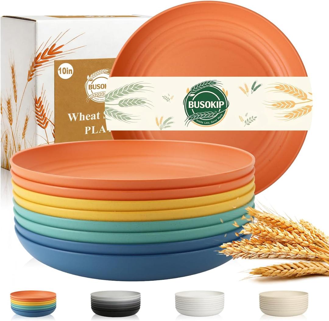Wheat Straw Plates Set for 8, Unbreakable & Lightweight Dinner Plate 10 Inch, Plastic Plates Reusable, Microwave and Dishwasher Safe Kitchen Plate for Outdoor, Camping, Picnic- Multi