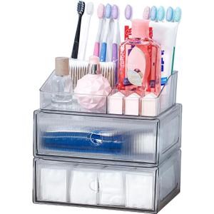 3-Tiers Makeup Organizer with Drawer, Stackable Skincare Storage Box for Vanity and Bathroom, Beauty Essentials, Cosmetic Brushes, Perfume Stand, Large Lipsticks Holder (1 Top + 2 Drawer)