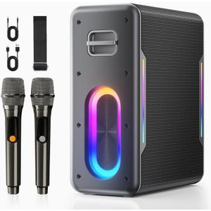 Karaoke Machine with Two Wireless Microphones, Powerful Portable Bluetooth Speaker for Adults & Kids, PA System with 2 Voice Mode, LED Lights, Supports TWS/AUX/USB/TF for Party(Gray+Sliver