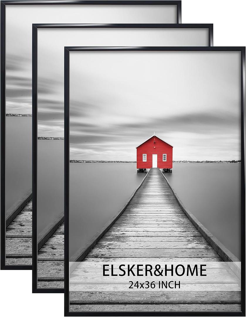 ELSKER&HOME 24"x36" Poster Frame 3 Pack, Black Picture Frame for Horizontal or Vertical Wall Mounting, Sturdy and Scratch-Proof