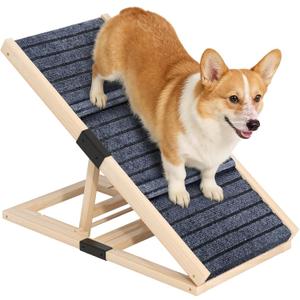 Adjustable Wooden Dog Ramp for Small & Medium Dogs, 27.6" Long x 11.8" Wide Portable Pet Ramp for Bed, Couch, Sofa & Car, Anti-Slip Carpet, Lightweight Foldable Indoor Outdoor Travel Dog Ramp
