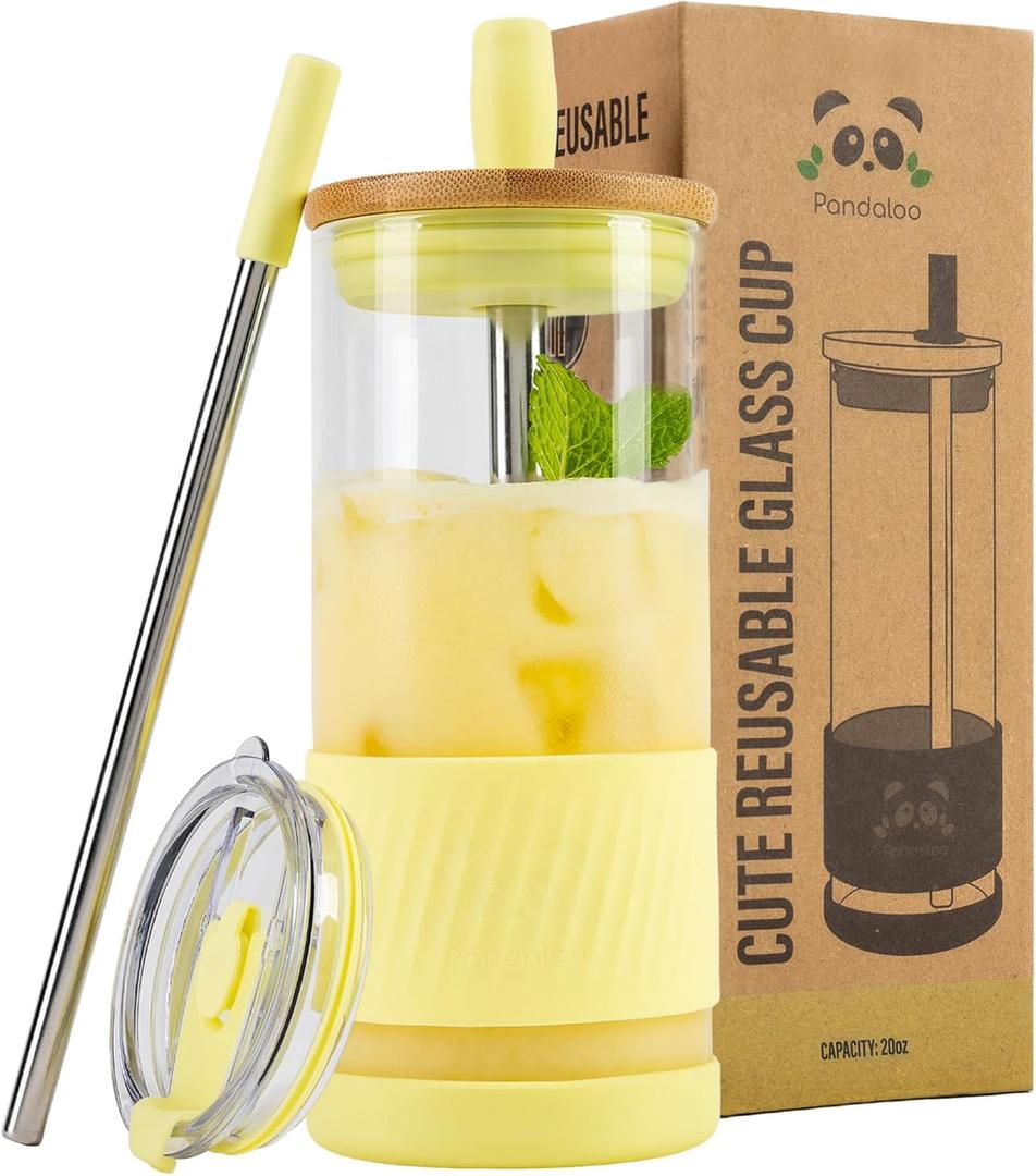 Pandaloo Glass Cups With Lids and Straws -20 Fl Oz- Perfect Size Iced Coffee Cup - Smoothie Cup With Bamboo Lid and On the go Lid (Sunny Lime, 1 Count (Pack of 1)