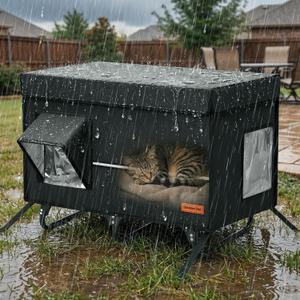 X-Large Collapsible Cat House, Metal Frame Cat Condo, Insulated Waterproof Outdoor Stray Cat Shelter with Escape Door, Sturdy Warm Shelter for Homeless Cats (Black)