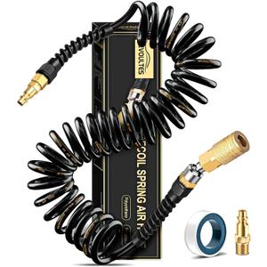 1/4 In x 28 Ft Polyurethane Recoil Air Hose, Upgraded Air Compressor Hose with Repairable Bend Restrictor, Air Hose kit w/ 360 Swivel 1/4" NPT Coupler & Brass Quick Connect Air Fittings (Black)