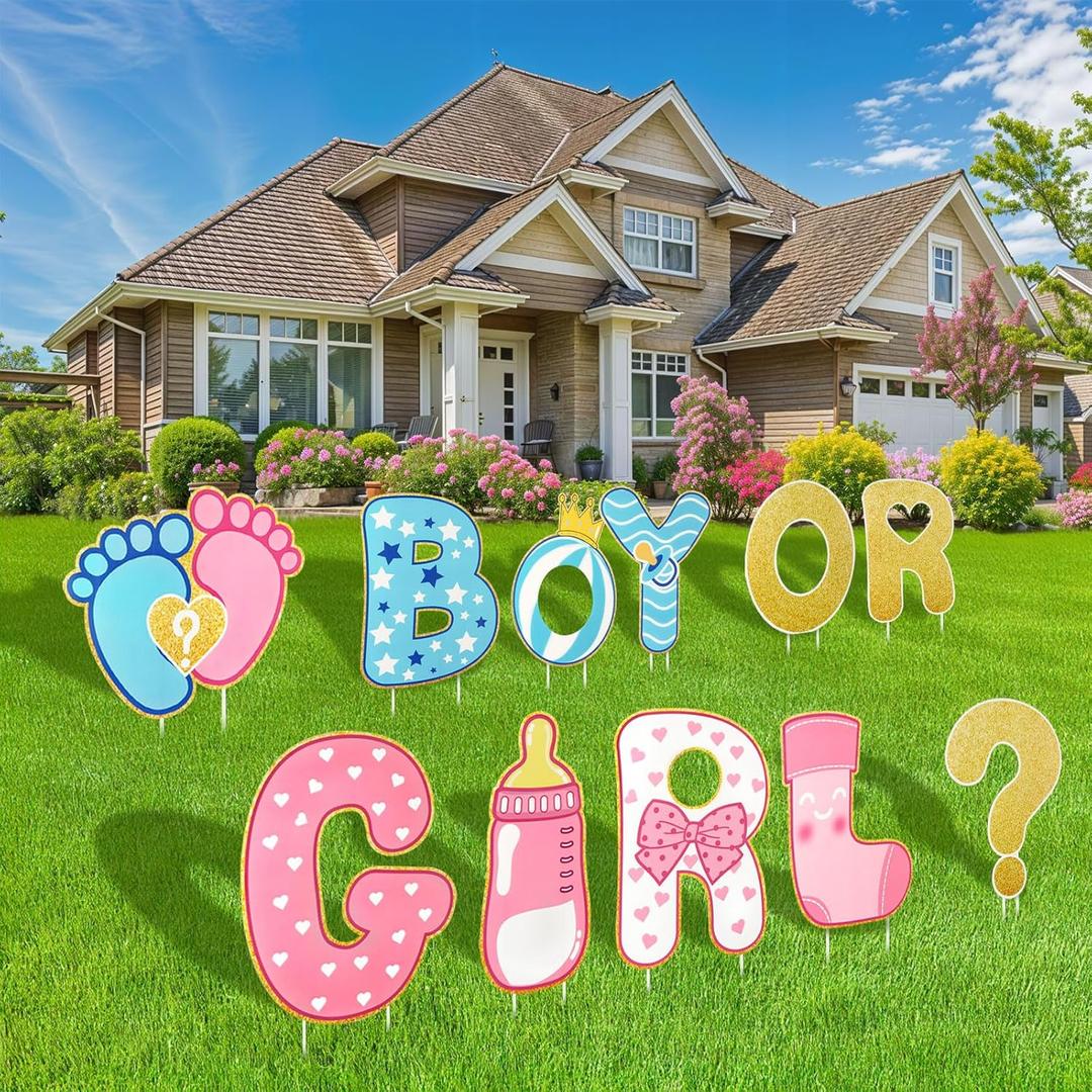 11 Pcs Gender Reveal Decorations Baby Shower Yard Signs with Stakes,Baby Gender Reveal Ideas Yard Letters Lawn Signs Boy or Girl Gender Reveal Party Supplies