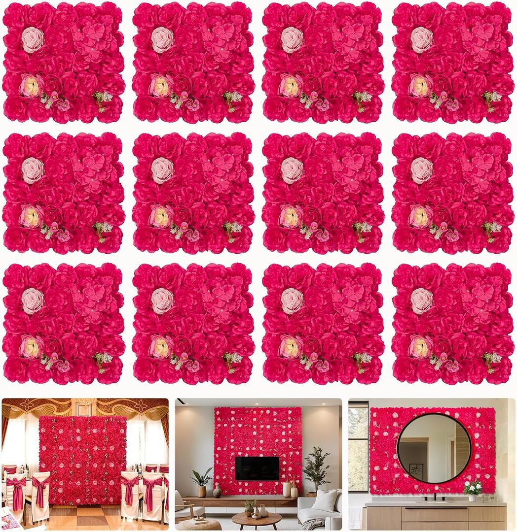 Flower Wall Backdrop 12 pcs 16.5x16.5 Inch Floral Wall Panel Artificial 3D Silk Rose Wall Decor Ideal for Wedding Celebrations, Festive Party Backdrops, and Home Decor-Rose Red