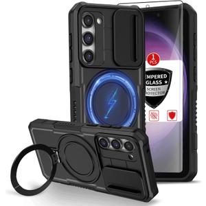 for Samsung Galaxy S23 Case Compatible Magnetic Wireless Charging, with Screen Protector,Built-in Magnetic Stand Ring,Camera Cover Drop-Resistant Protection Shockproof Galaxy S23 Case Black 