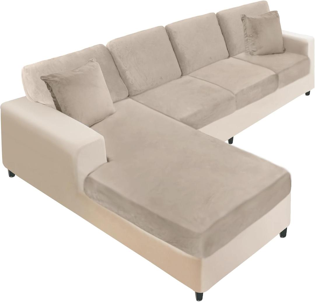 NAISI Sectional Couch Covers 8 Pieces Velvet Couch Cushion Covers L Shape Soft Stretch Sofa Slipcovers with 2pcs Pillowcases for Left/Right Chaise Sectional Couch(3 Seater+1 Chaise+4 Back,Taupe)