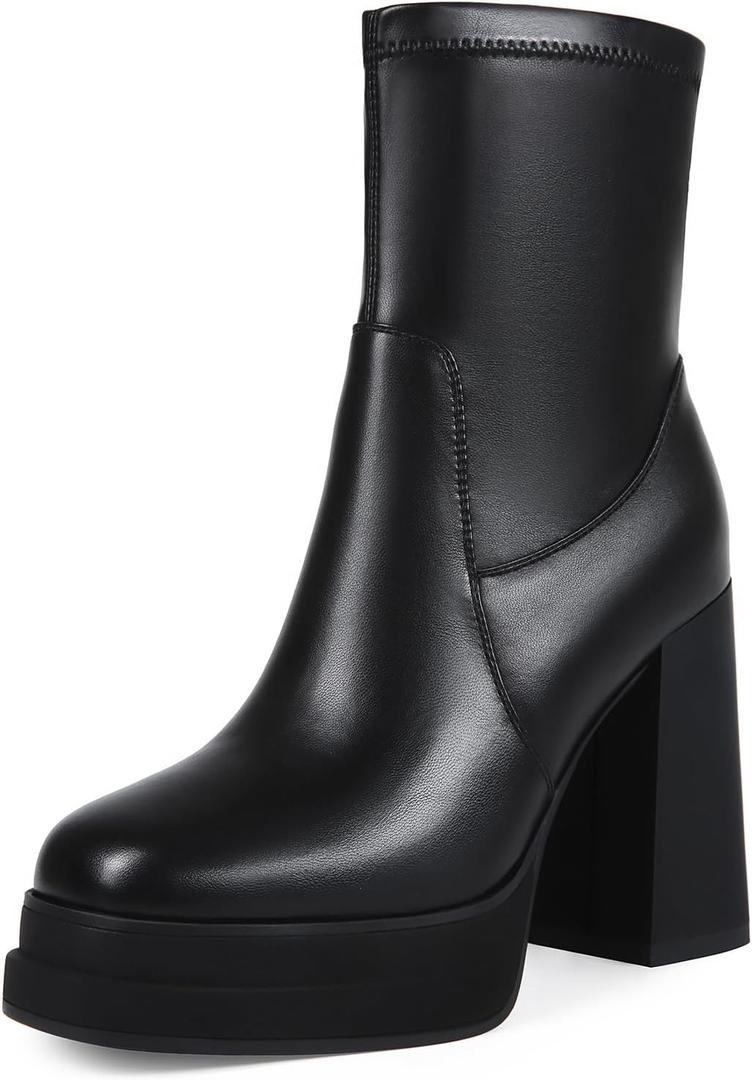 Wetviro Women's Platform Ankle Boots Chunky High Heel Square Toe Stretchy Short Gogo Combat Boots Booties for Women (Black), US 8