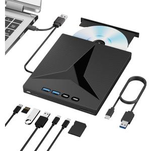 7 in 1 External CD/DVD Drive for Laptop, Portable External CD Drive for PC, USB 3.0 & Type-C CD Burner for Laptop External Disc Drive, CD Reader for PC with SD/TF Card for Desktop Windows Mac Linux