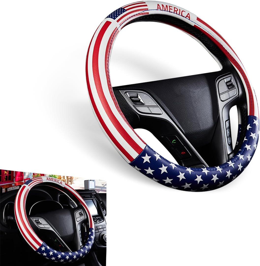 1 PC Car Steering Wheel Cover, 38cm American Flag Design Breathable Leather Rubber Inner Ring Steering Wheel Cover, Personalized Modification Accessories, Suitable for Most Models (Red & Blue)