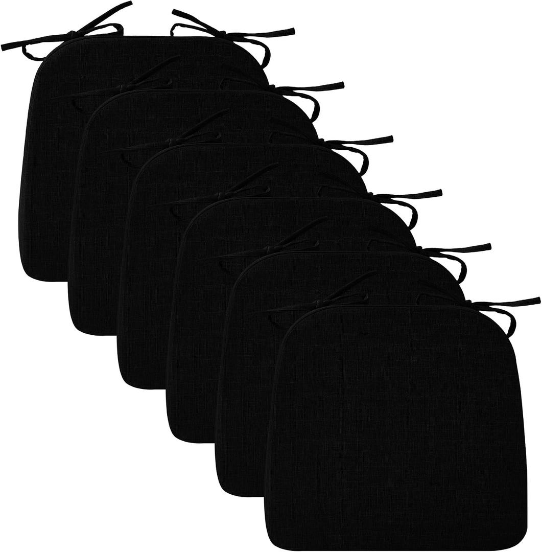 Ruqmuis Chair Cushions for Dining Chairs, 2" Thick Seat Cushions for Kitchen Chairs, D-Shaped Chair Pads with Washable Cover, Ties and Non Slip Backing, 17'' x 16'', Set of 6, Black, 6 Count
