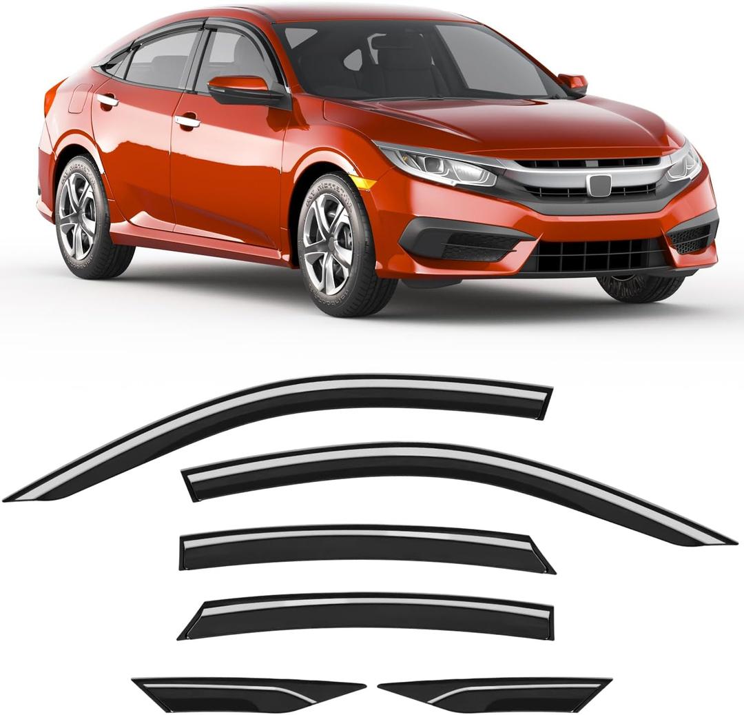 6-PCS Extra-Thick Rain Guards Fit for Honda Civic Sedan 4dr LX 2016-2021 Extra Durable Tape-on Window Rain Guard Window Deflectors Vent Shades Window Visor Vent Visors Exterior