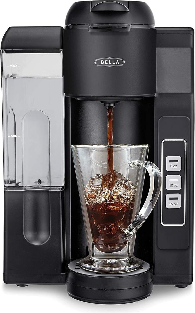 Bella Single Serve Coffee Maker, Dual Brew, K-cup Compatible - Ground Coffee Brewer with Removable Water Tank & Adjustable Drip Tray, Perfect for Travel Mug, 1200 watts, Black