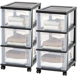 IRIS USA Plastic 3-Drawer Storage Organizer Rolling Cart, with Wheels Casters, 2-Pack, for Classroom Art Supplies Bathroom Dorm Bedroom Laundry Room, Slim Narrow, Black/Clear