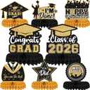 2 x 8 Pieces Class of 2026 Graduation Table Decorations - Congrats Grad Honeycomb Centerpieces, Black and Gold Graduation Table Toppers Decor for 2026 Graduation Party Decorations Favor Supplies