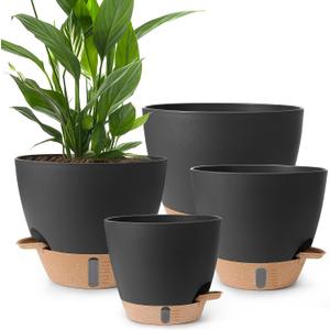 Plant Pots,12/10/9/8/ Inch Large Plastic Self Watering Flower Pots Indoor Outdoor with Drainage Holes, Deep Reservoir,Nursery Planting Pot for Indoor Out Door Plants, Black