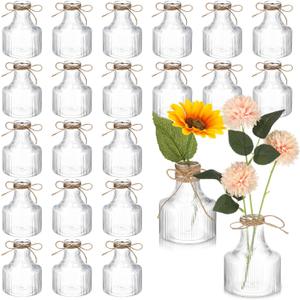 Bokon 24 Pcs 5 Inch Small Plastic Flower Bud Vases Aesthetic Centerpieces Decorative Cylinder Vase Bulk for Wedding Home Table Decorations Flower Plant Propagation with Twine (Clear)