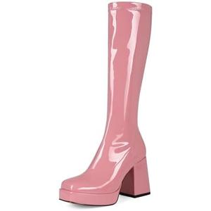 Pomoxikn Women's Knee High Boots Chunky Heel GoGo Boots for Women Square Toe Platform Boots Go Go for Fall Winter Size 11