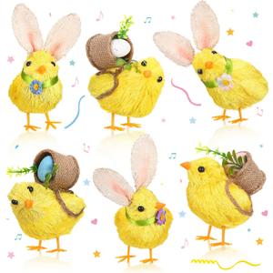 Syhood 6 Set Sisal Chick Easter Decorations with Jute Baskets and Eggs, Yellow Sisal Chick for Decorative Display or Gift Baskets, Crafting or Easter
