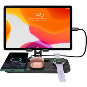 Wireless Charger for Samsung, 4 in 1 Charging Station for Samsung Galaxy S24 Ultra/S23 Ultra, Galaxy Tablet, Galaxy Watch 7, Buds, Foldable Aluminum Tablet Stand Holder for Samsung Galaxy Tab