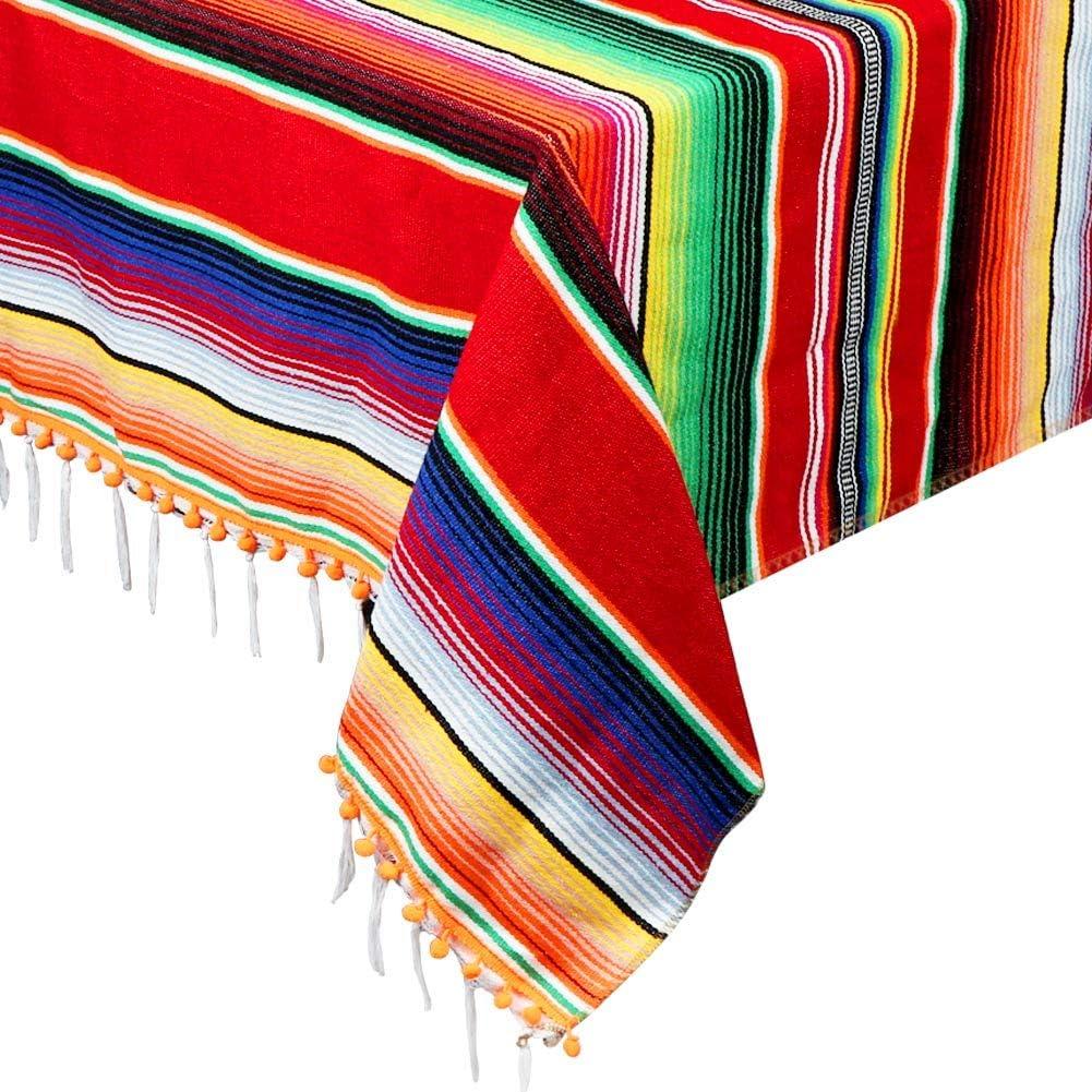 OurWarm 59 x 84 Inch Mexican Blanket Striped Tablecloth for Mexican Party Decorations, Large Square Cotton Mexican Serape Blanket Outdoor Table Cover Table Cloth
