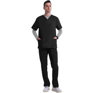 Uniforms World Elvis Scrubs Set for Men  Classic V-Neck Stretch Top & Straight Pants, Elastic Waistband, 7 Pockets (X-Small, Black)