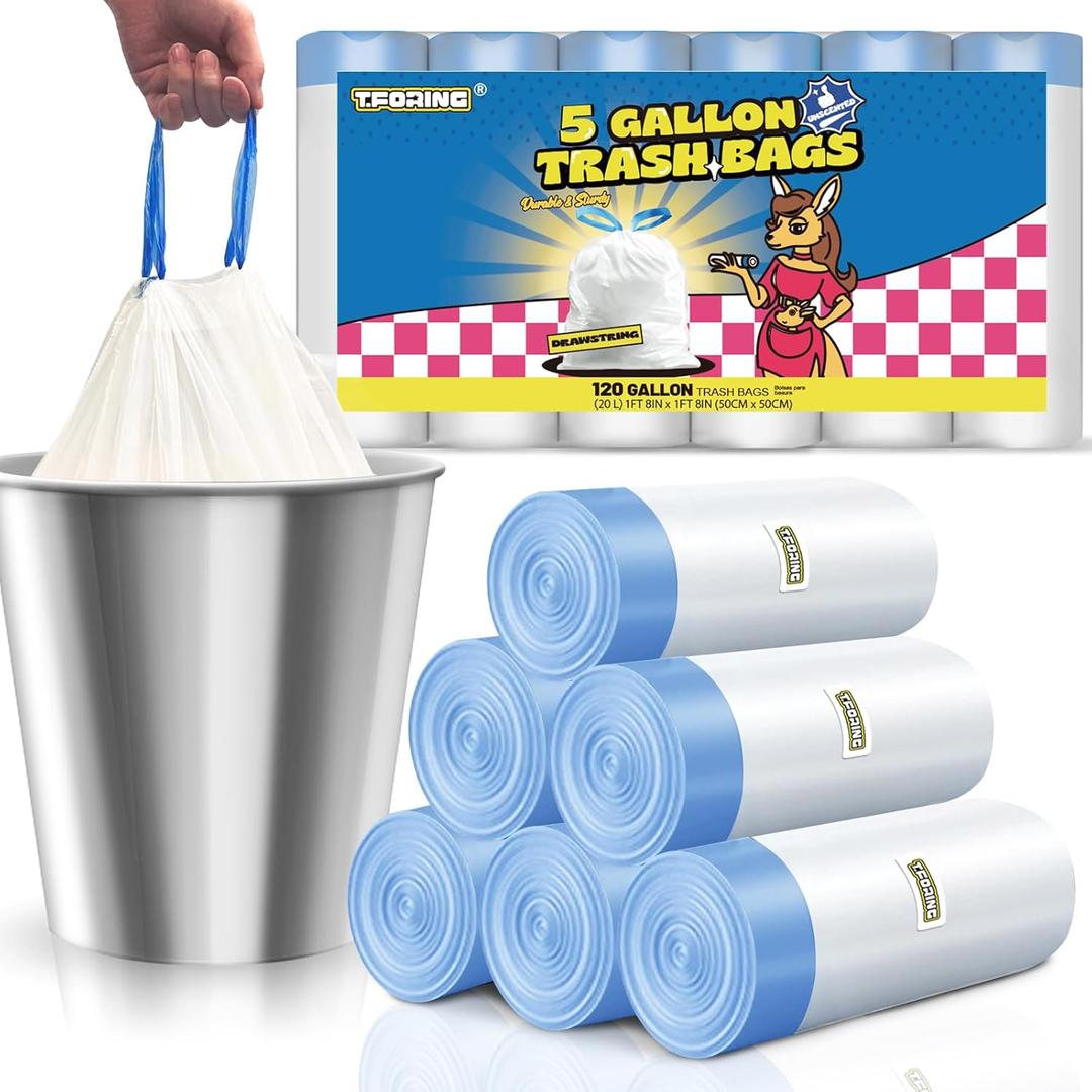 5 Gallon Trash Bags Drawstring 1.1 Mil - 120 Count 18 Liter Small Garbage Bags for Bathroom, Strong Unscented White Plastic Wastebasket Bin Liners for Kitchen Office Toilet and Bedroom