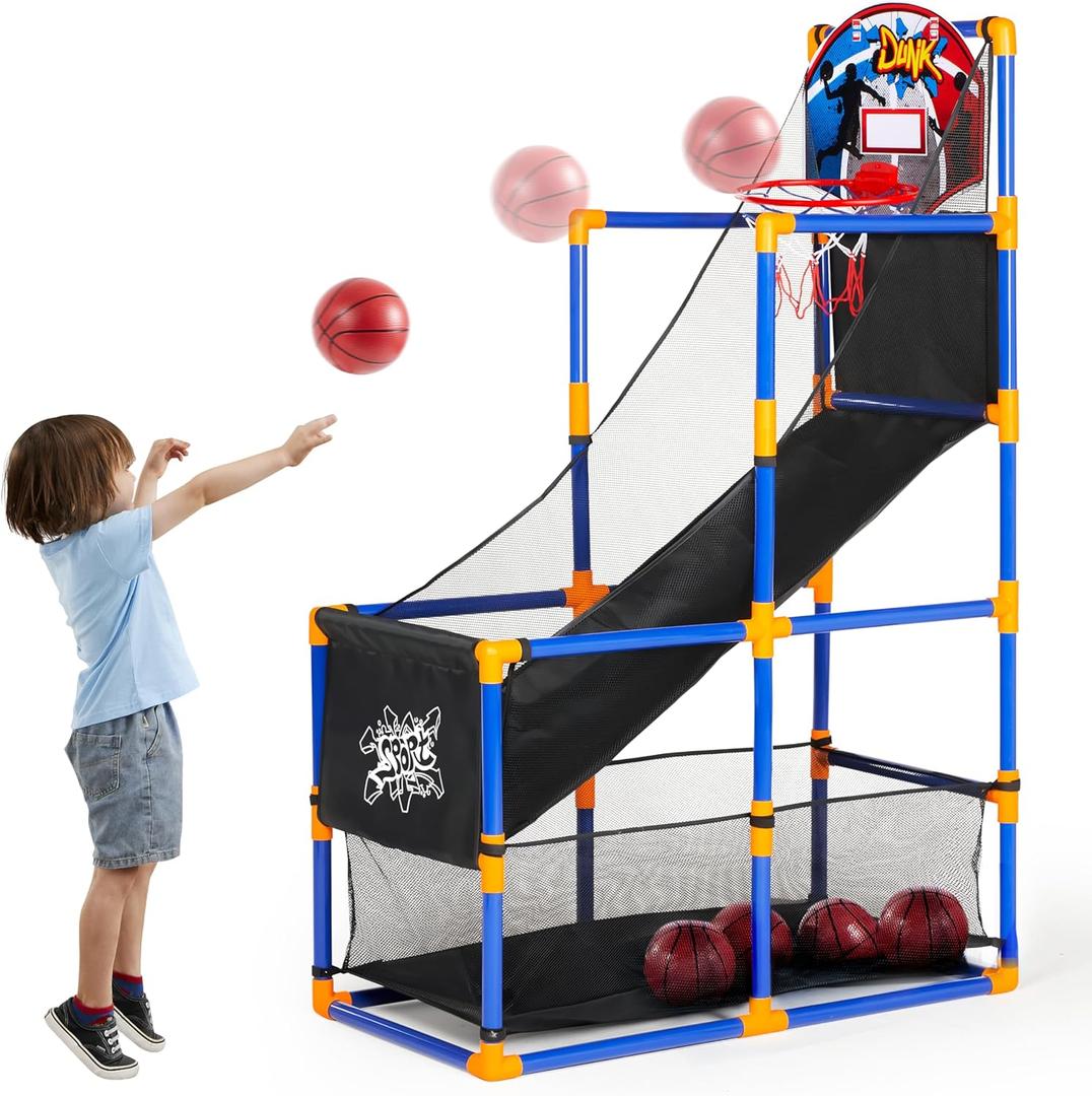 JOYIN Arcade Basketball Game Set with 4 Balls and Hoop for Kids 3 to 12 Years Old Indoor Outdoor Sport Play - Easy Set Up - Air Pump Included