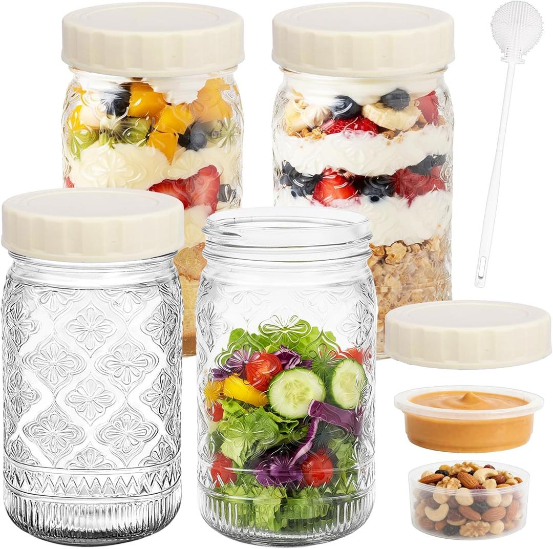 STARSIDE 4 Pack Glass Salad Jars with Plastic Lids Meal Prep, 32oz Mason Jars with Dressing Container, Leakproof Portable Salad Container for Lunch, Wet/Dry Separation Salad Pod for On-the-Go Meals